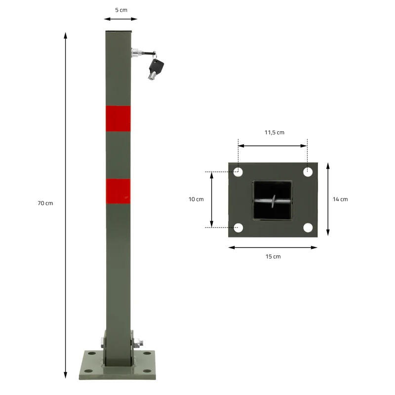 4er Set Parkplatzsperre 70 cm eckig mit Roten Warnstreifen und 3 Schlüssel aus Stahl