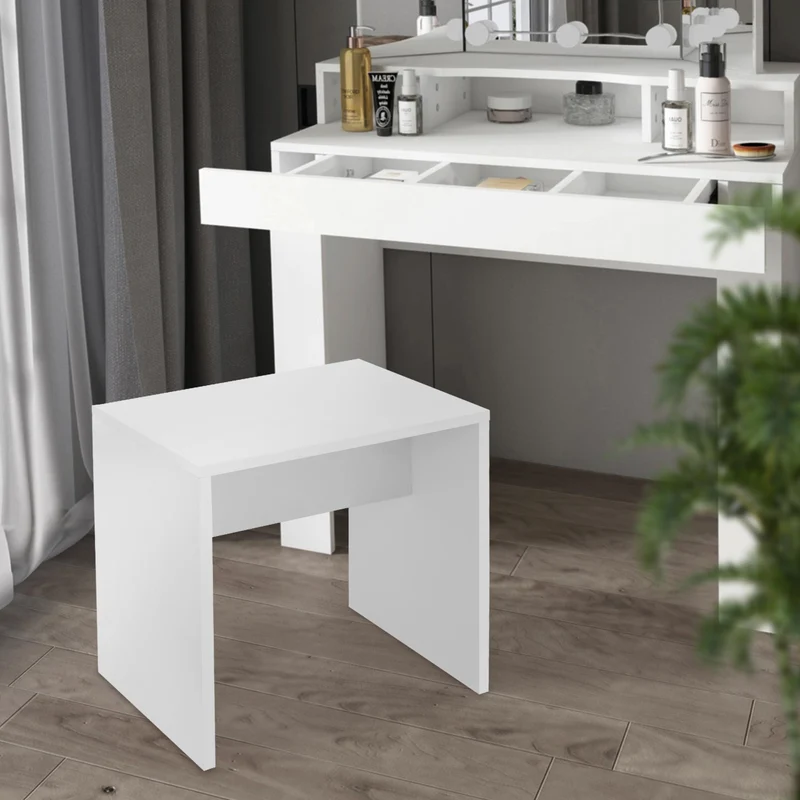 Schminktisch Frisiertisch 75x40x135 cm in Weiß mit Spiegel, Schublade, 3 Ablagen & Hocker ML-Design