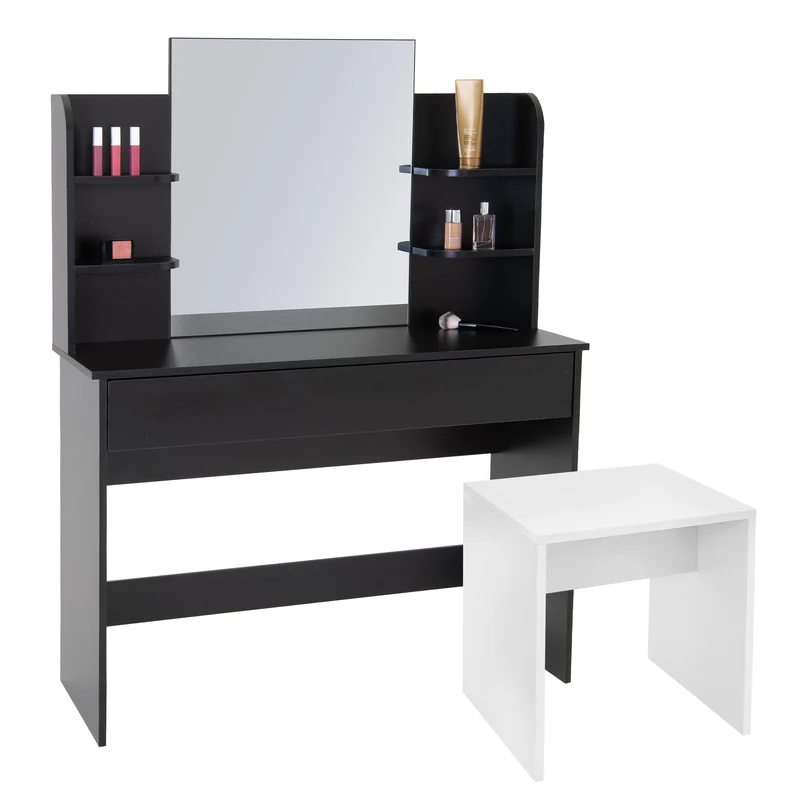 Schminktisch Frisiertisch 108x40x140 cm in Schwarz mit Spiegel, Schublade und Hocker in Weiß ML-Design