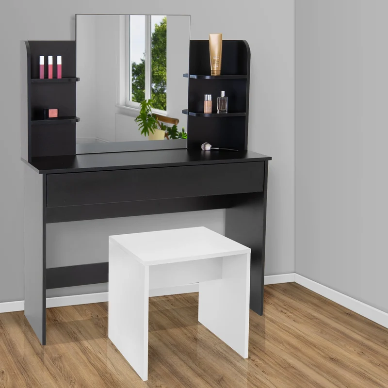 Schminktisch Frisiertisch 108x40x140 cm in Schwarz mit Spiegel, Schublade und Hocker in Weiß ML-Design