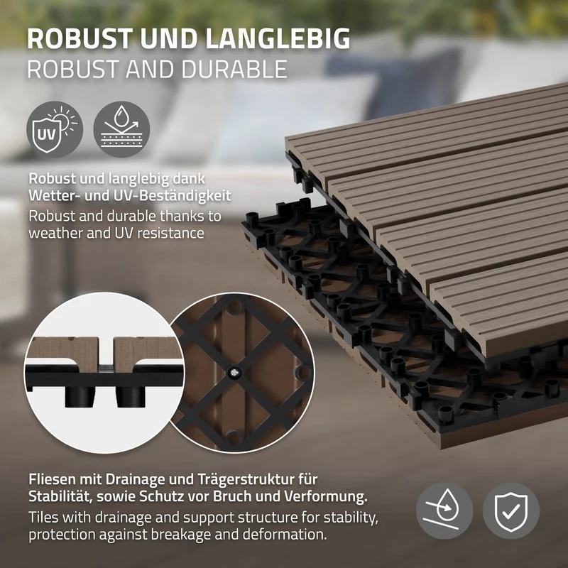 WPC Terrassenfliesen 30x30 cm 33er Set für 3m² Dunkelbraun in Holzoptik Balkon Bodenbelag mit Drainage und Klicksystem Terrassendielen Balkonfliesen