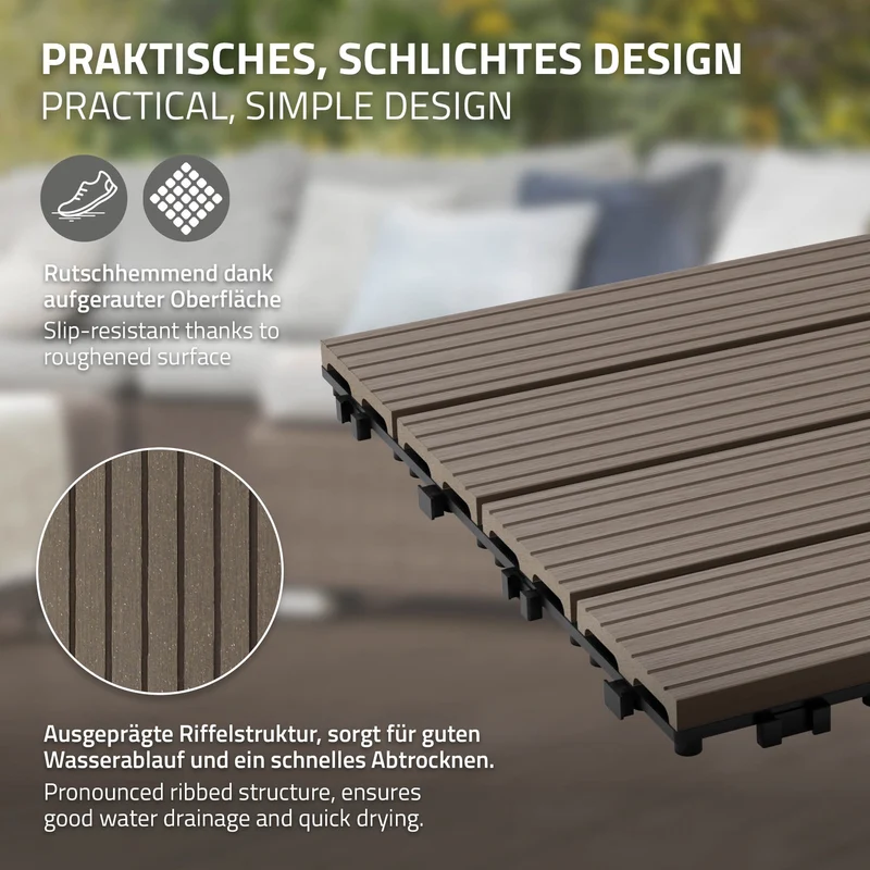 WPC Terrassenfliesen 30x30 cm 33er Set für 3m² Dunkelbraun in Holzoptik Balkon Bodenbelag mit Drainage und Klicksystem Terrassendielen Balkonfliesen