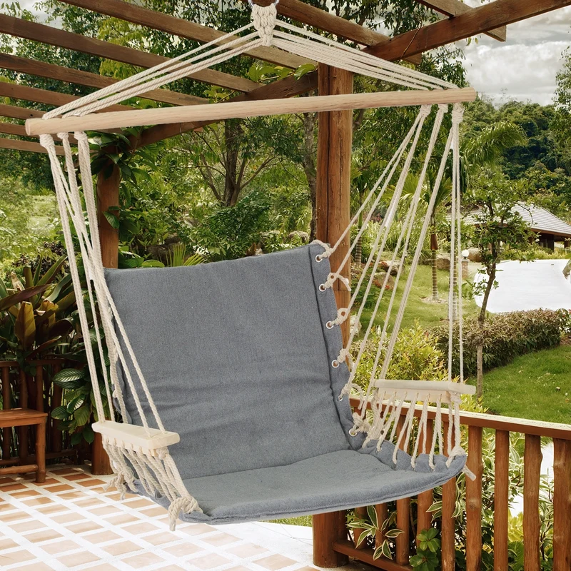 Hängesessel mit Gestell 45x100x46 cm Grau aus Baumwolle und Hartholz