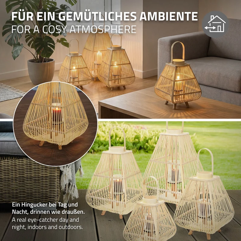 Bambus Laterne, Windlicht H: 63,5 cm Holzfarbe, Boho Gartenlaterne mit Henkel & Glaseinsatz, Flechtoptik Kerzenhalter