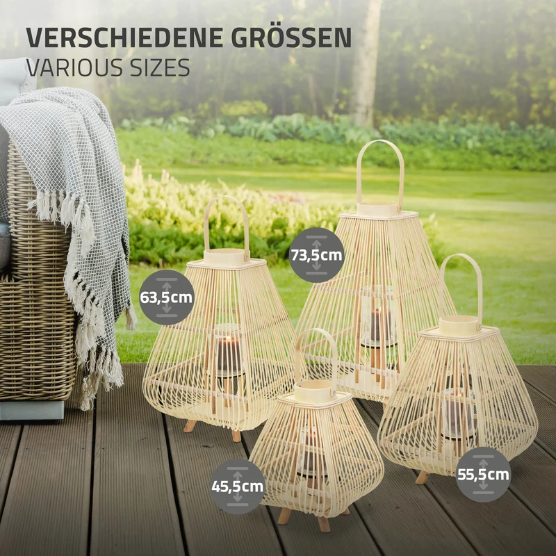 Bambus Laterne, Windlicht H: 55,5 cm Holzfarbe, Boho Gartenlaterne mit Henkel & Glaseinsatz, Flechtoptik Kerzenhalter