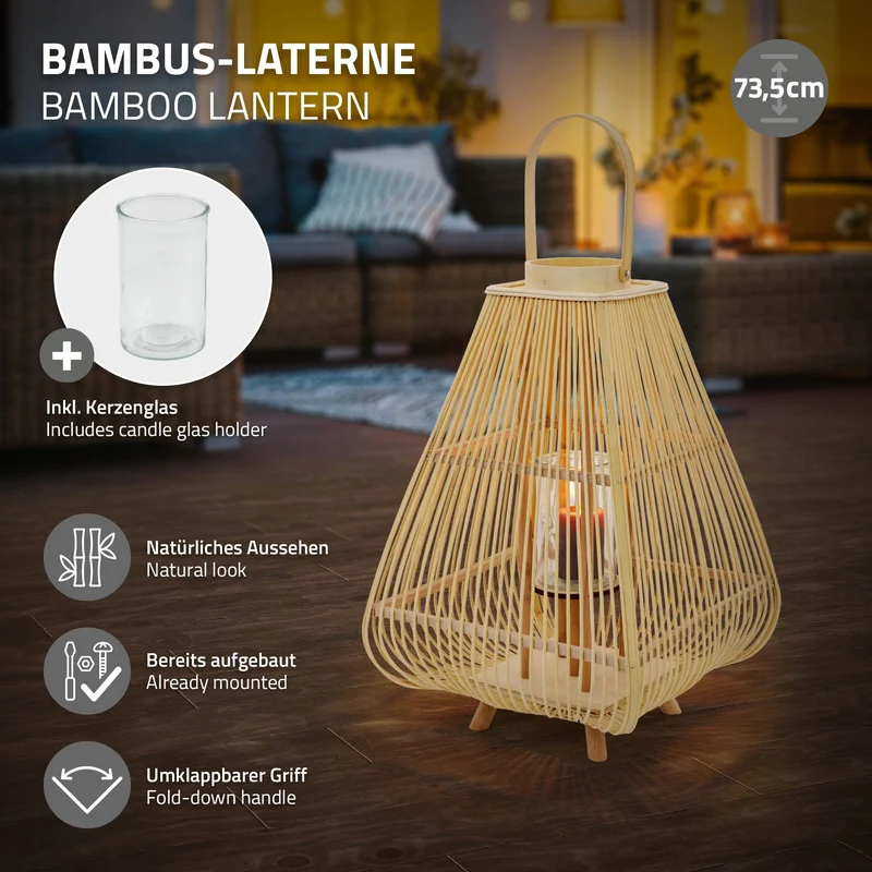 Bambus Laterne, Windlicht H: 73,5 cm Holzfarbe, Boho Gartenlaterne mit Henkel & Glaseinsatz, Flechtoptik Kerzenhalter