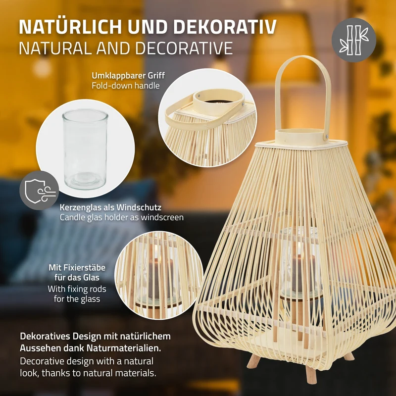 Bambus Laterne, Windlicht H: 73,5 cm Holzfarbe, Boho Gartenlaterne mit Henkel & Glaseinsatz, Flechtoptik Kerzenhalter