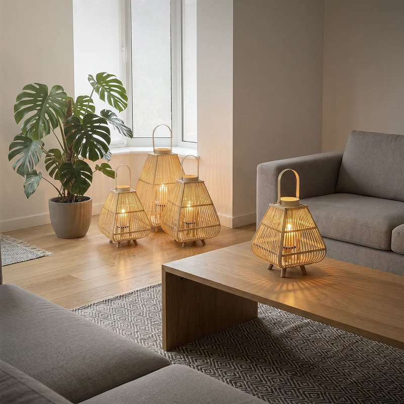Bambus Laterne, Windlicht H: 73,5 cm Holzfarbe, Boho Gartenlaterne mit Henkel & Glaseinsatz, Flechtoptik Kerzenhalter