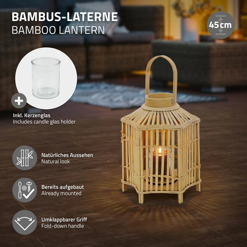 Bambus Laterne, Windlicht H: 45 cm Holzfarbe, Boho Gartenlaterne mit Henkel & Glaseinsatz, Flechtoptik Kerzenhalter