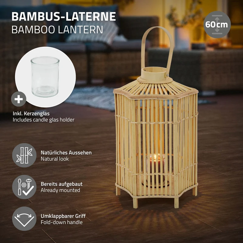 Bambus Laterne, Windlicht H: 60 cm Holzfarbe, Boho Gartenlaterne mit Henkel & Glaseinsatz, Flechtoptik Kerzenhalter