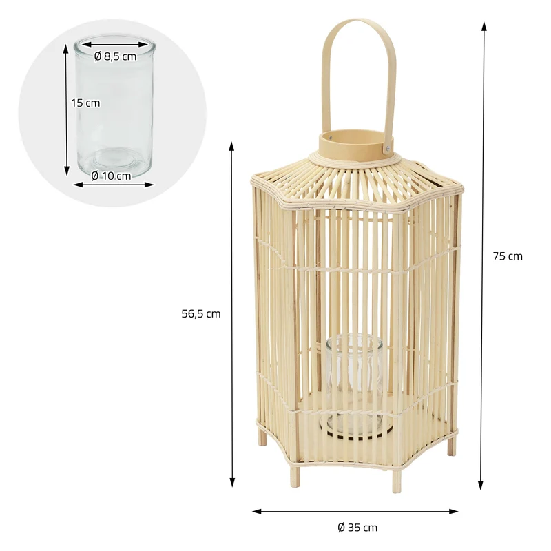 Bambus Laterne, Windlicht H: 75 cm Holzfarbe, Boho Gartenlaterne mit Henkel & Glaseinsatz, Flechtoptik Kerzenhalter