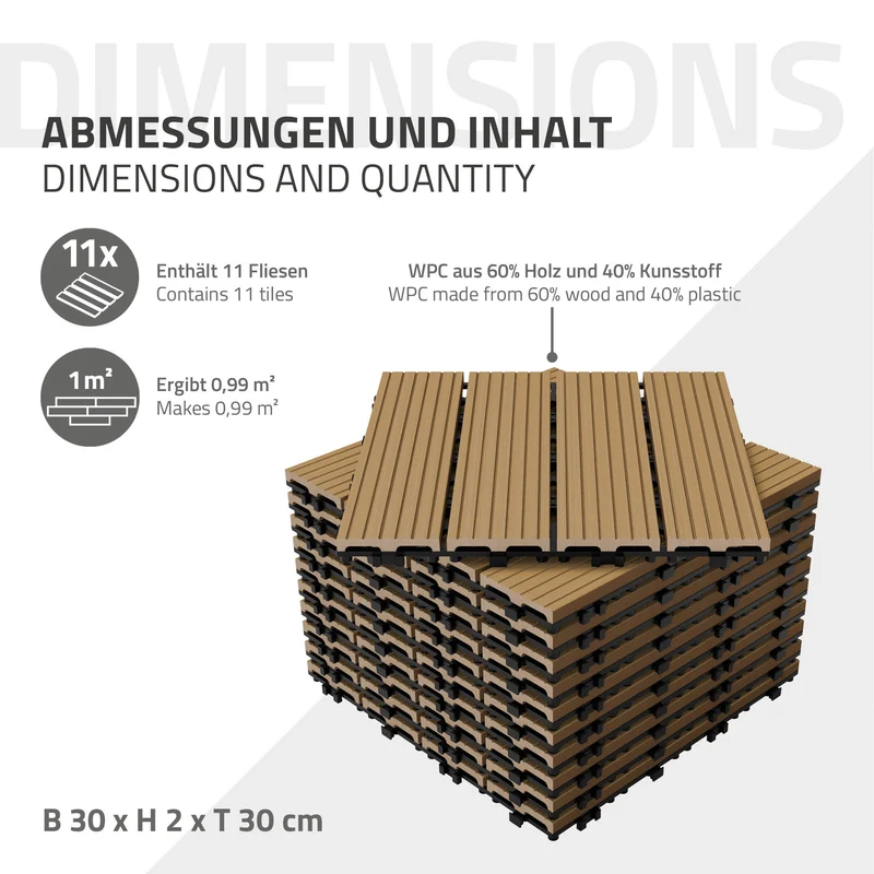 Terrassenfliesen 30x30 cm 11er Set für 1m² Teak aus WPC