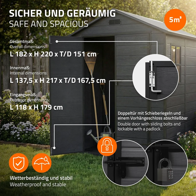 Gartenhaus 5m³ Kunststoff Gerätehaus mit Boden & Satteldach, 151x182x220 cm, Dunkelgrau, Geräteschuppen mit Fenster Doppeltüren