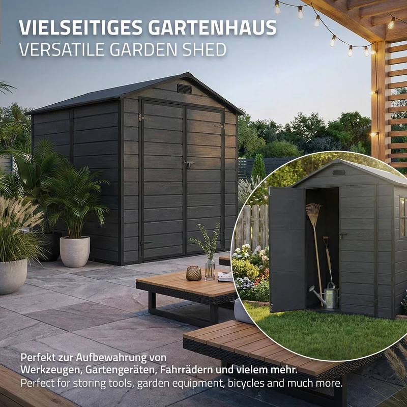 Gartenhaus 5m³ Kunststoff Gerätehaus mit Boden & Satteldach, 151x182x220 cm, Dunkelgrau, Geräteschuppen mit Fenster Doppeltüren