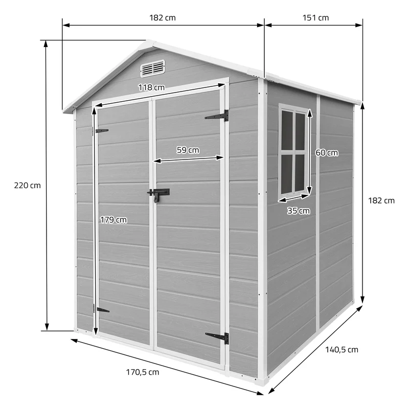 Gartenhaus 5m³ Kunststoff Gerätehaus mit Boden & Satteldach, 151x182x220 cm, Hellgrau, Geräteschuppen mit Fenster Doppeltüren