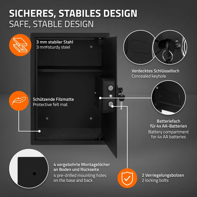 Safe Tresor 43L aus Stahl mit Elektronikschloss, Notschlüsseln und feuerfester Tasche