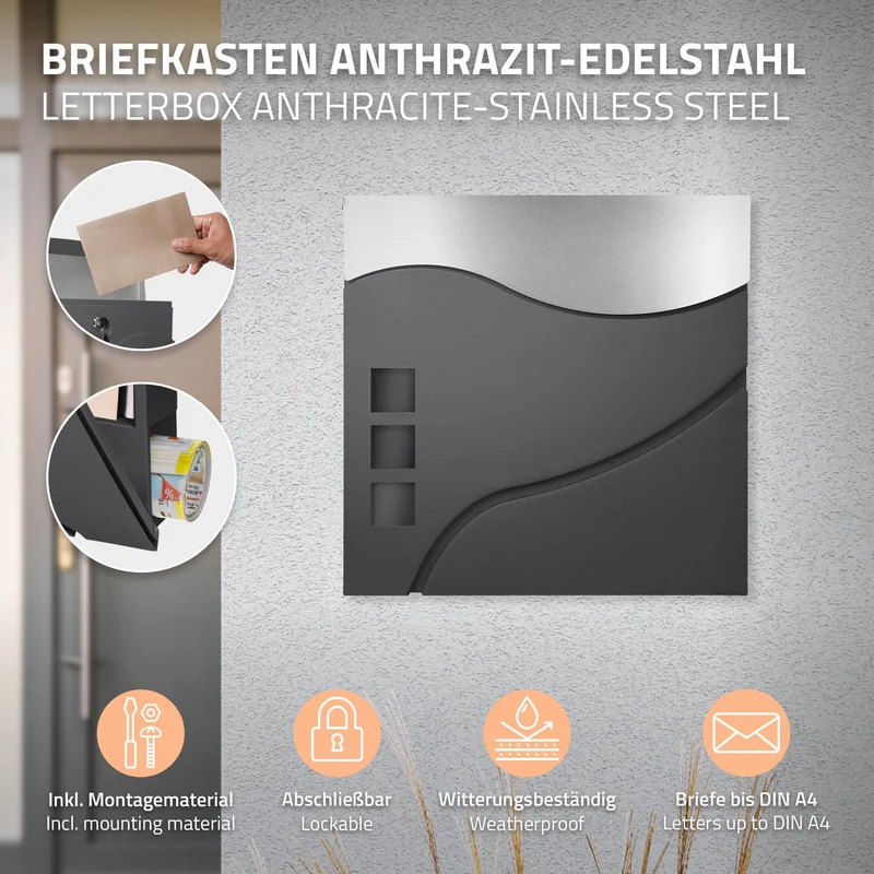Standbriefkasten mit Zeitungsfach 37 cm Anthrazit/Silber inkl. Ständer 120 cm hoch Silber Briefkasten freistehend