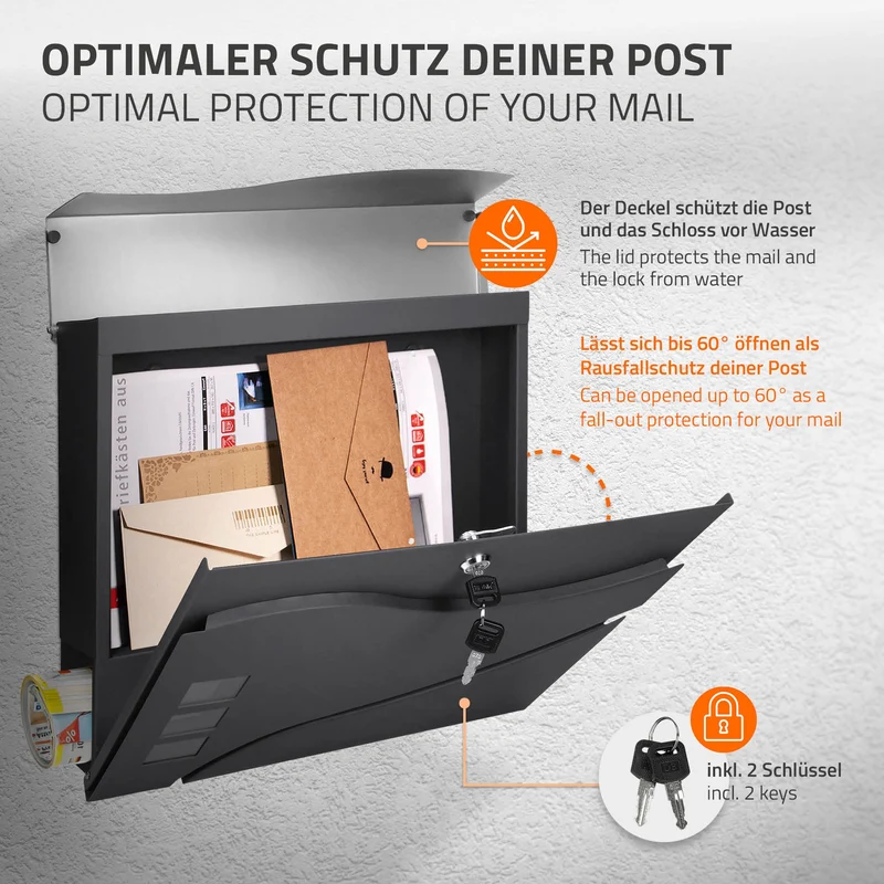 Standbriefkasten mit Zeitungsfach 37 cm Anthrazit/Silber inkl. Ständer 120 cm hoch Silber Briefkasten freistehend