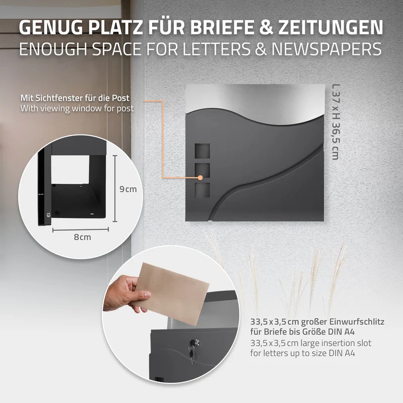 Standbriefkasten mit Zeitungsfach 37 cm Anthrazit/Silber inkl. Ständer 120 cm hoch Silber Briefkasten freistehend