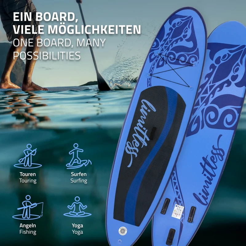 Stand Up Paddle aufblasbares SUP Board Limitless 308x76x10 in Blau aus PVC inkl. Pumpe und Tragetasche