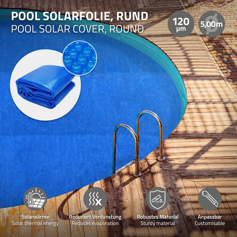 Pool Solarfolie rund Ø 500 cm Blau, Pool Solarabdeckplane 120µm, Solarplane Solarabdeckung zuschneidbar, Poolabdeckung