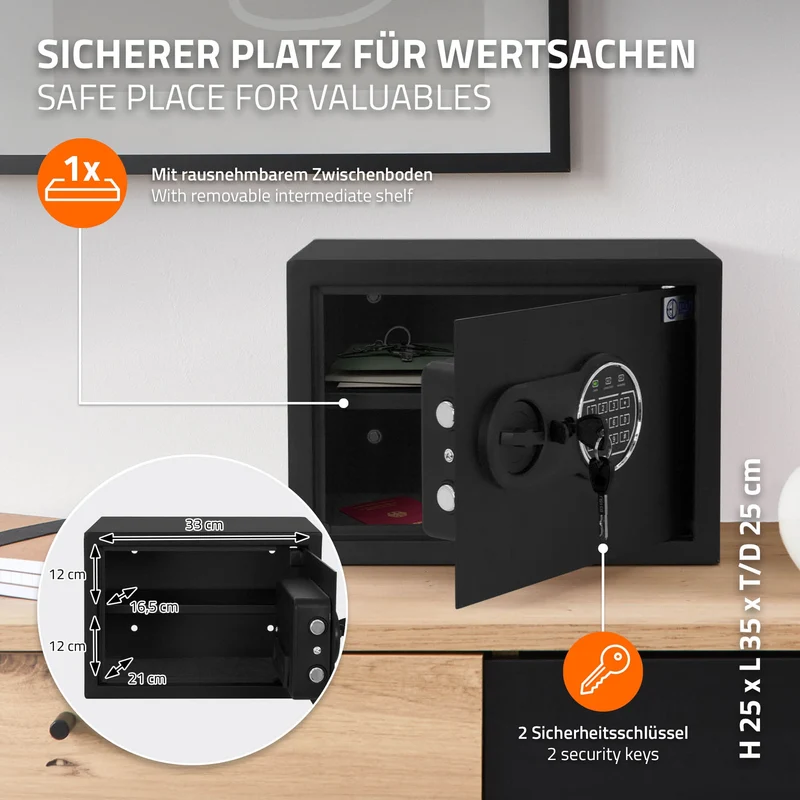 Safe Tresor 16L aus Stahl mit Elektronikschloss, Notschlüsseln und feuerfester Tasche