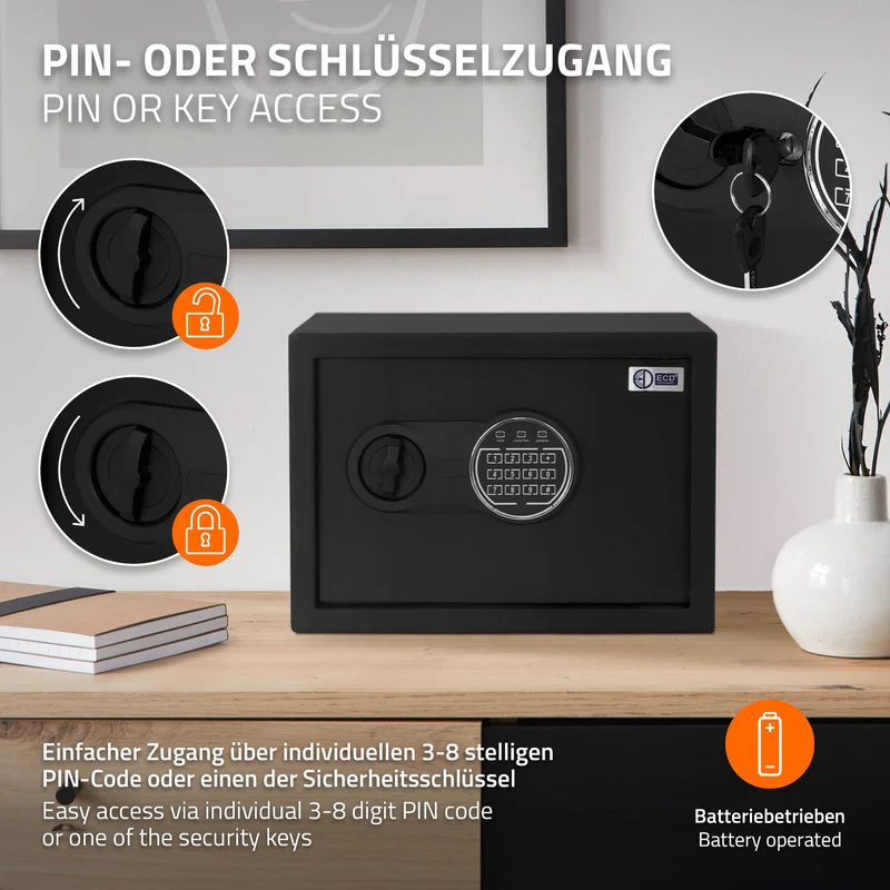 Safe Tresor 16L aus Stahl mit Elektronikschloss, Notschlüsseln und feuerfester Tasche