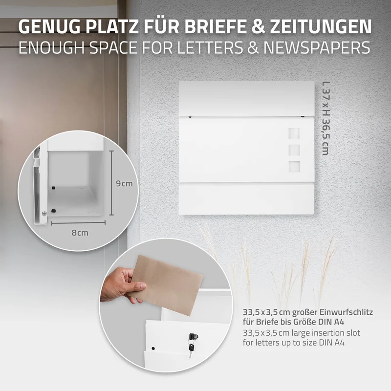 Briefkasten mit Zeitungsfach 37x36,5x10,5 cm Weiß aus Stahl