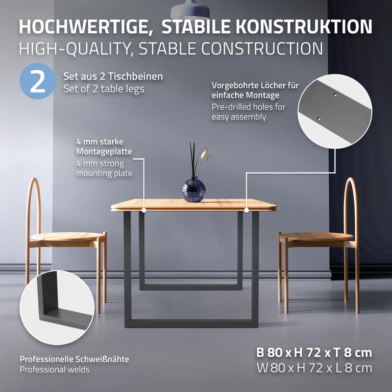 2x Tischbeine Tischkufen aus Vierkantprofilen 80x72 cm Anthrazit pulverbeschichtete Stahl
