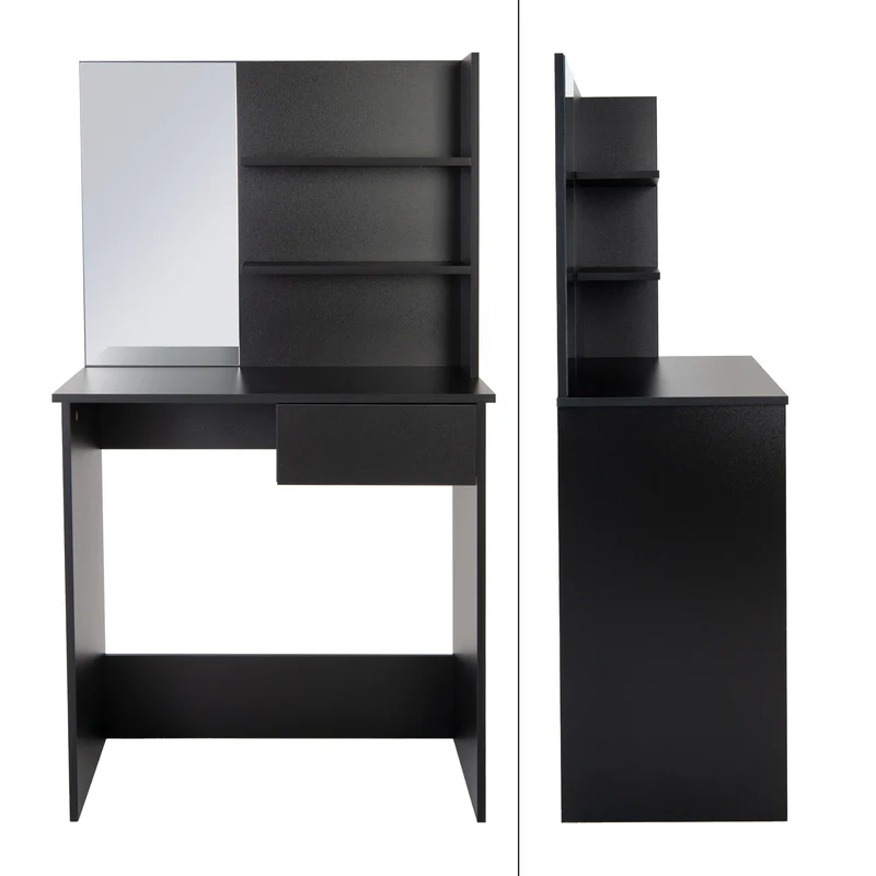Schminktisch Frisiertisch 75x40x135 cm in Schwarz mit Spiegel, Schublade & 3 Ablagen ML-Design
