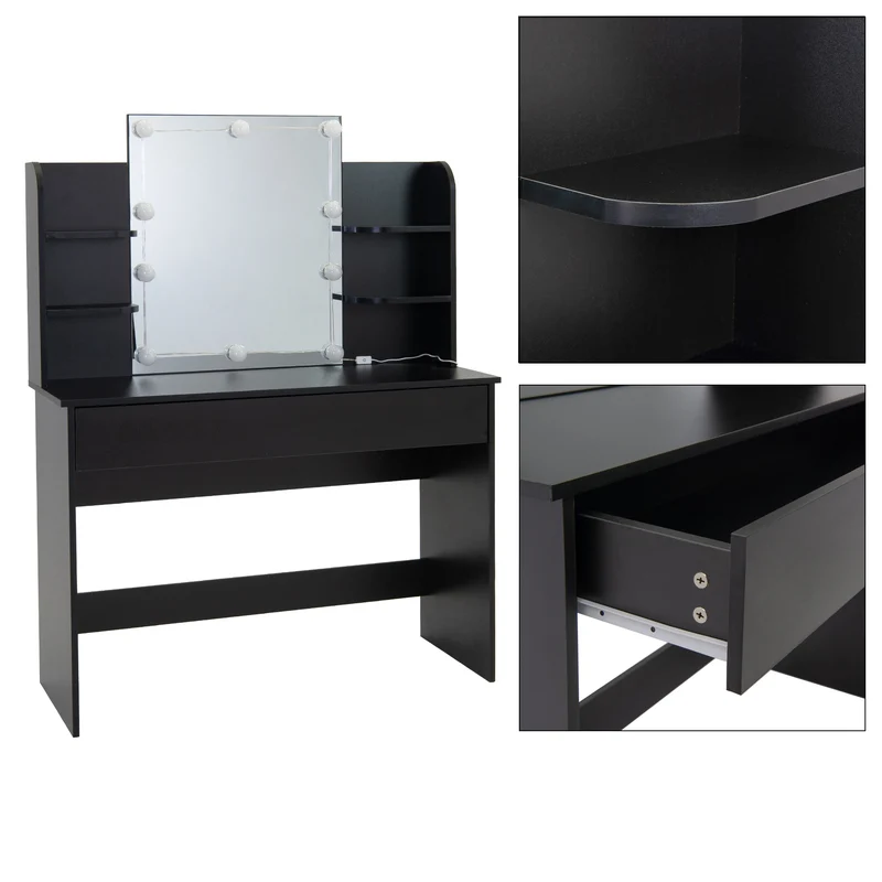 Schminktisch Frisiertisch 108x40x140 cm in Schwarz mit LED Beleuchtung, Spiegel, Schublade & 6 Ablagen ML-Design