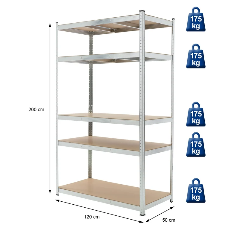 B-Ware Werkstattregal 200x120x50 cm silber aus MDF Holzfaserplatte und Metall belastbar bis 875 kg