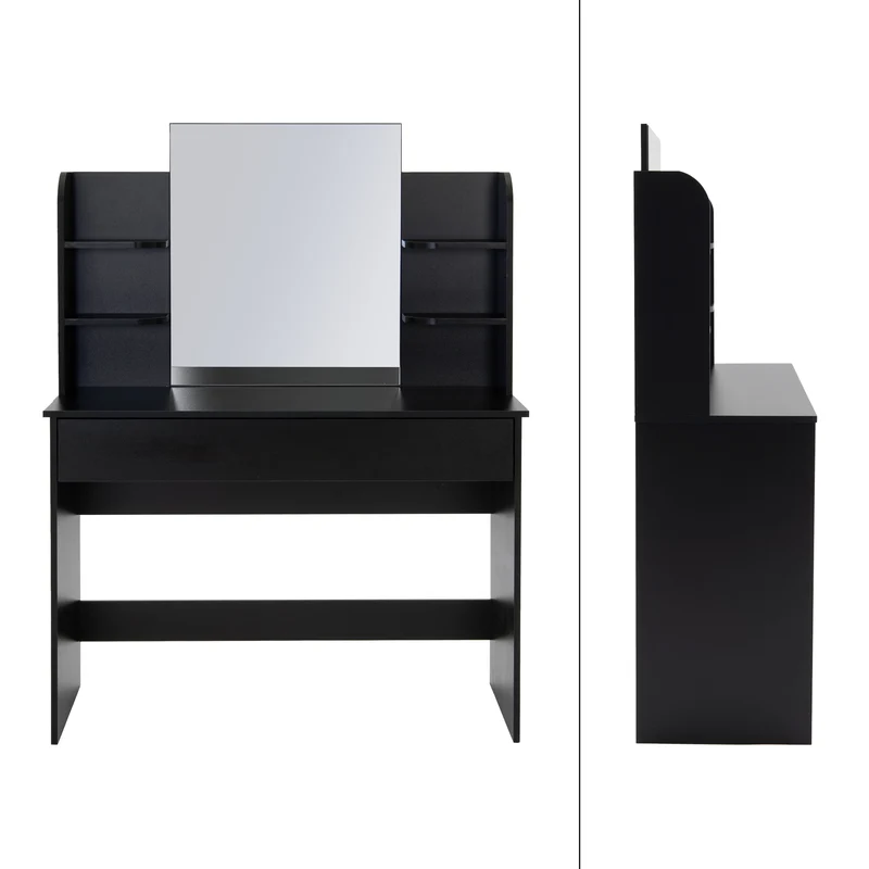 Schminktisch Frisiertisch 108x40x140 cm in Schwarz mit Spiegel, Schublade und 6 Ablagen ML-Design