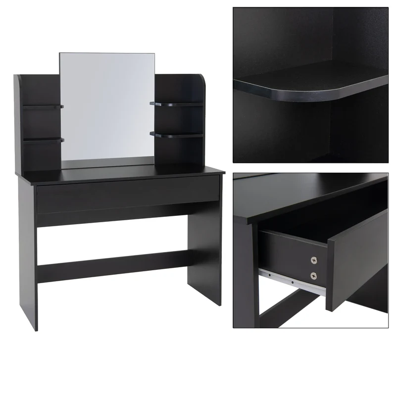 Schminktisch Frisiertisch 108x40x140 cm in Schwarz mit Spiegel, Schublade und 6 Ablagen ML-Design