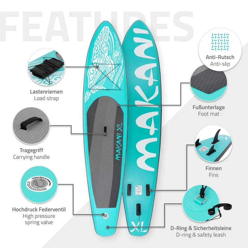 Stand Up Paddle aufblasbares SUP Board Makani XL 380x80x15 cm in Türkis aus PVC inkl. Pumpe und Tragetasche