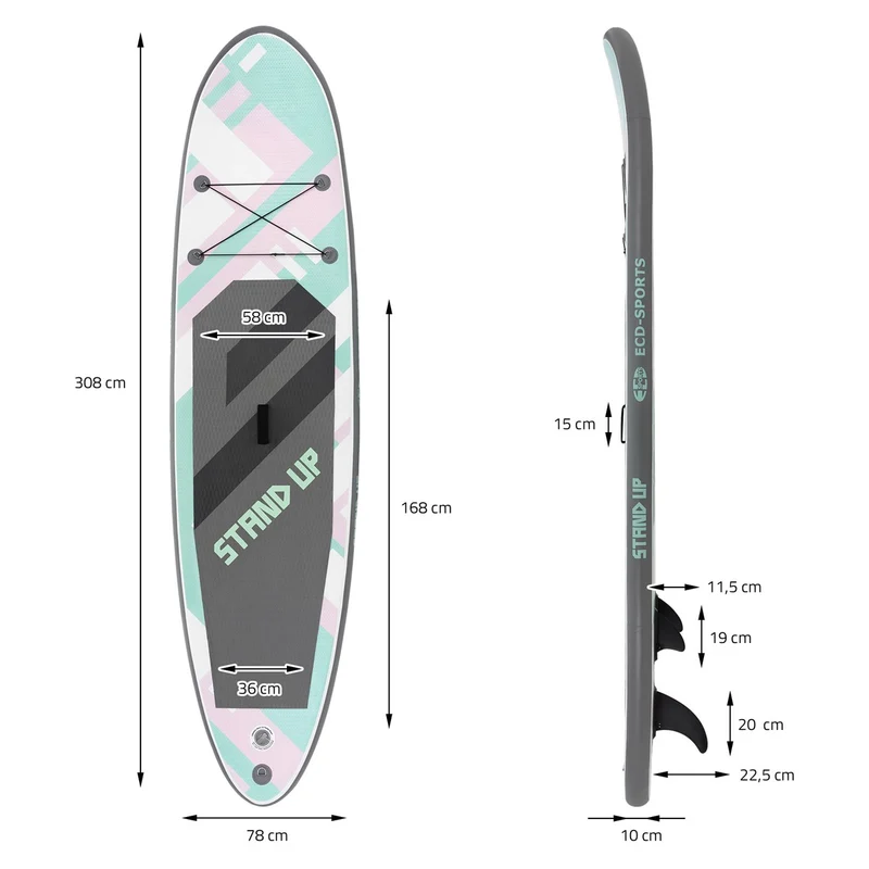 Stand Up Paddle aufblasbares SUP Board 308x78x10 cm in Rosa/Mint aus PVC inkl. Pumpe und Tragetasche