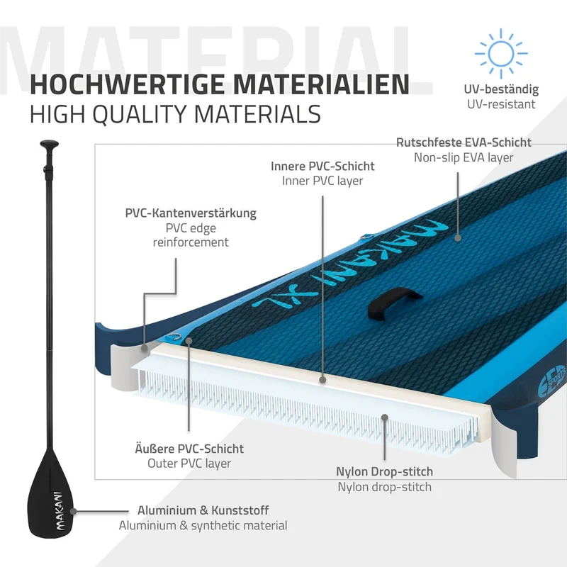 Stand Up Paddle aufblasbares SUP Board Makani XL 380x80x15 cm in Blau aus PVC inkl. Pumpe und Tragetasche