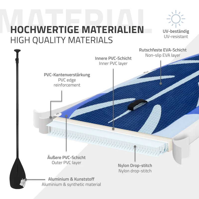 Stand Up Paddle aufblasbares SUP Board Flowers 320x80x15 cm in Blau/Weiß aus PVC inkl. Pumpe und Tragetasche
