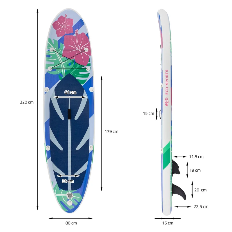Stand Up Paddle aufblasbares SUP Board Flowers 320x80x15 cm in Blau/Weiß aus PVC inkl. Pumpe und Tragetasche