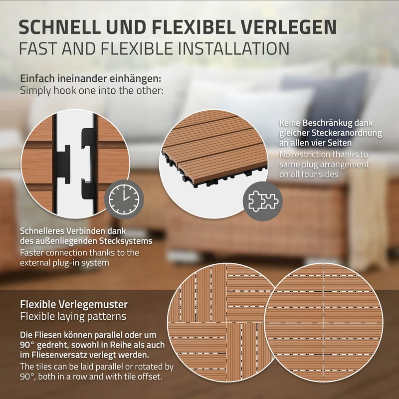 Terrassenfliesen 30x30 cm 11er Set für 1m² Hellbraun aus WPC