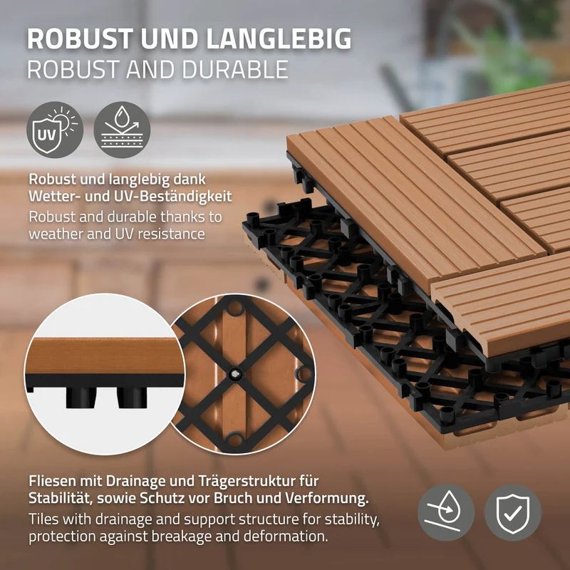 WPC Terrassenfliesen 30x30 cm 55er Set für 5m² Hellbraun in Holzoptik Mosaik mit Drainage und Klicksystem
