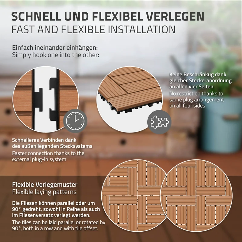 WPC Terrassenfliesen 30x30 cm 33er Set für 3m² Hellbraun in Holzoptik Mosaik mit Drainage und Klicksystem
