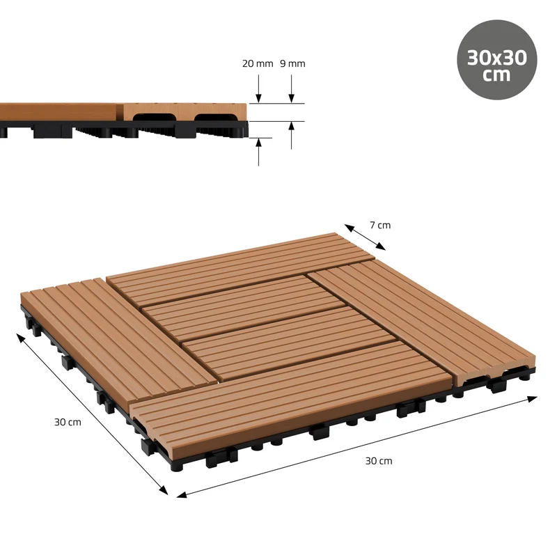 WPC Terrassenfliesen 30x30 cm 33er Set für 3m² Hellbraun in Holzoptik Mosaik mit Drainage und Klicksystem