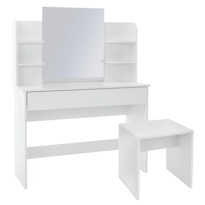 Schminktisch Frisiertisch 108x40x140 cm in Weiß mit Spiegel, Schublade, 6 Ablagen & Hocker ML-Design