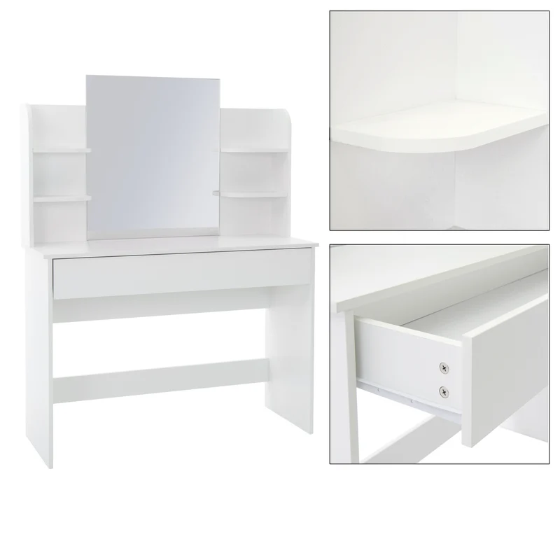 Schminktisch Frisiertisch 108x40x140 cm in Weiß mit Spiegel, Schublade, 6 Ablagen & Hocker ML-Design