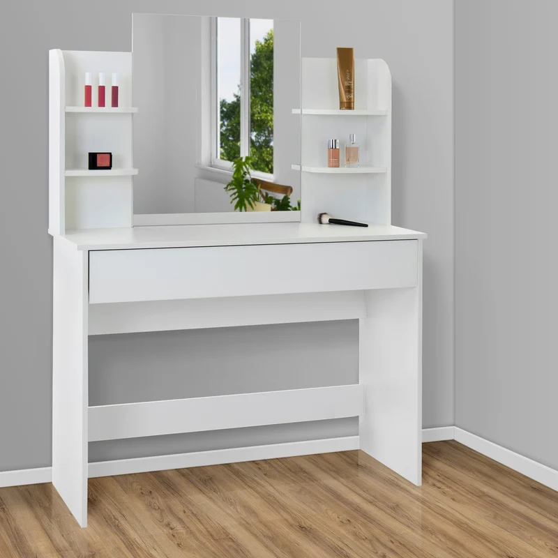 Schminktisch Frisiertisch 108x40x140 cm in Weiß mit Spiegel, Schublade, 6 Ablagen & Hocker ML-Design