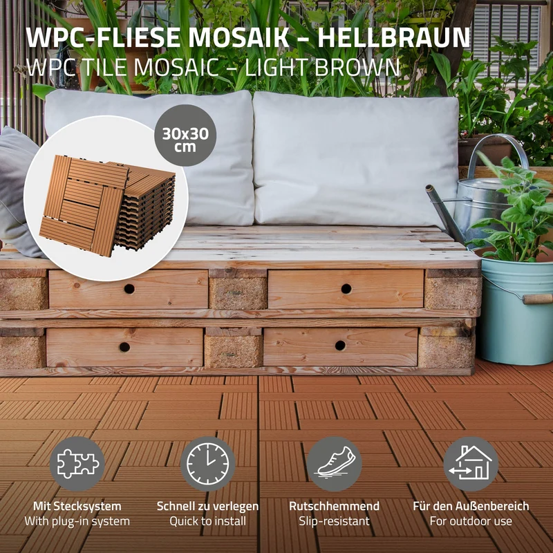 WPC Terrassenfliesen 30x30 cm 44er Set für 4m² Hellbraun in Holzoptik Mosaik mit Drainage und Klicksystem