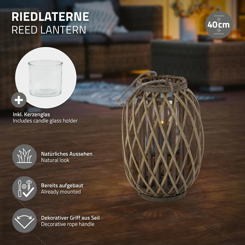 Riedlaterne mit Henkel 40x Ø26 cm Braun aus umweltfreundlichem Rattan