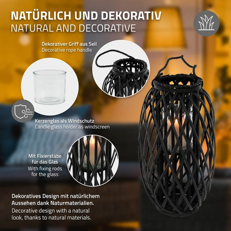 Riedlaterne mit Henkel 50x Ø28 cm Schwarz aus umweltfreundlichem Rattan