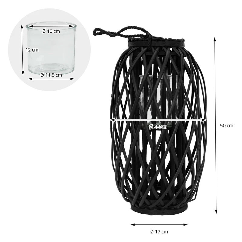 Riedlaterne mit Henkel 50x Ø28 cm Schwarz aus umweltfreundlichem Rattan